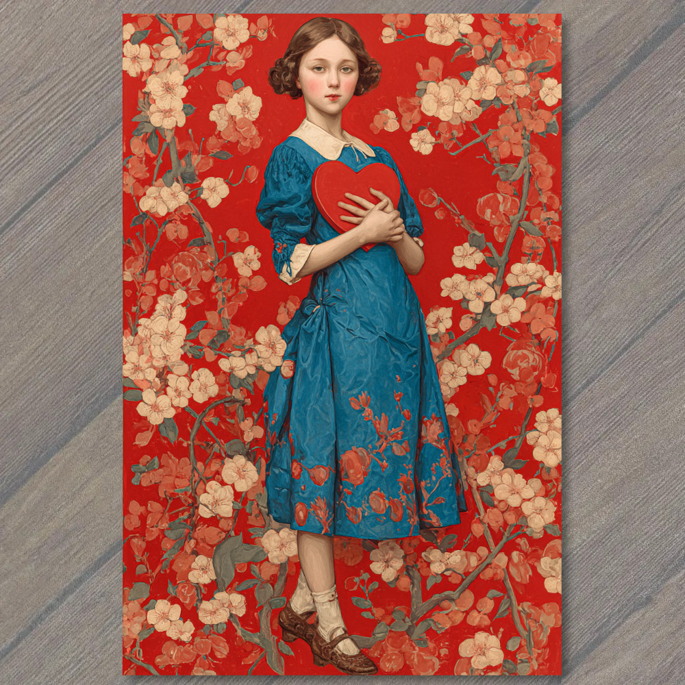 STICKER Victorian Girl Blue Dress Red Floral Heart Portrait Romantic Valentine