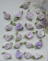 SATIN 12-15mm 21 LILAC LAVENDER ROSES with 25mm long Satin Green Leaves VerCpbrd