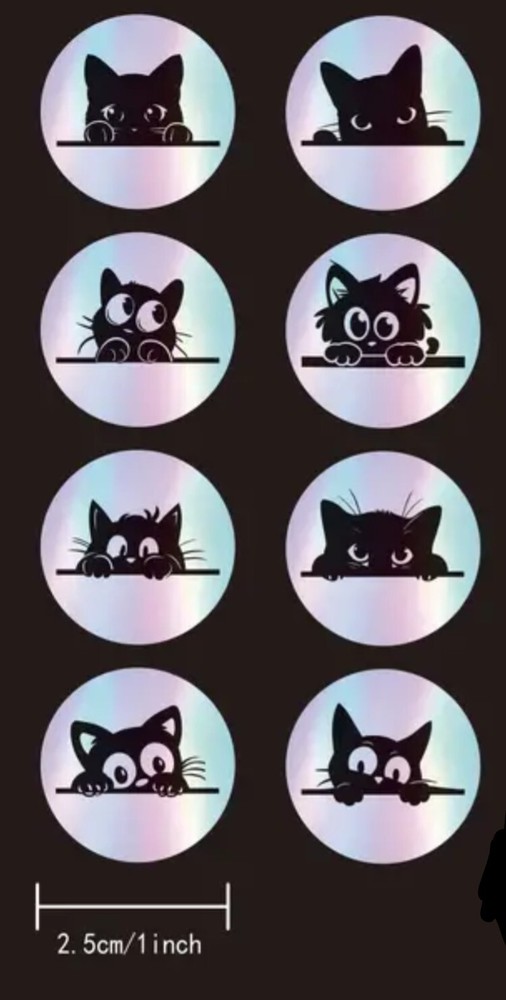 500 pcs Sticker Roll Cute Black Cat Eyes Holographic Laser Cartoon Self Adhesive