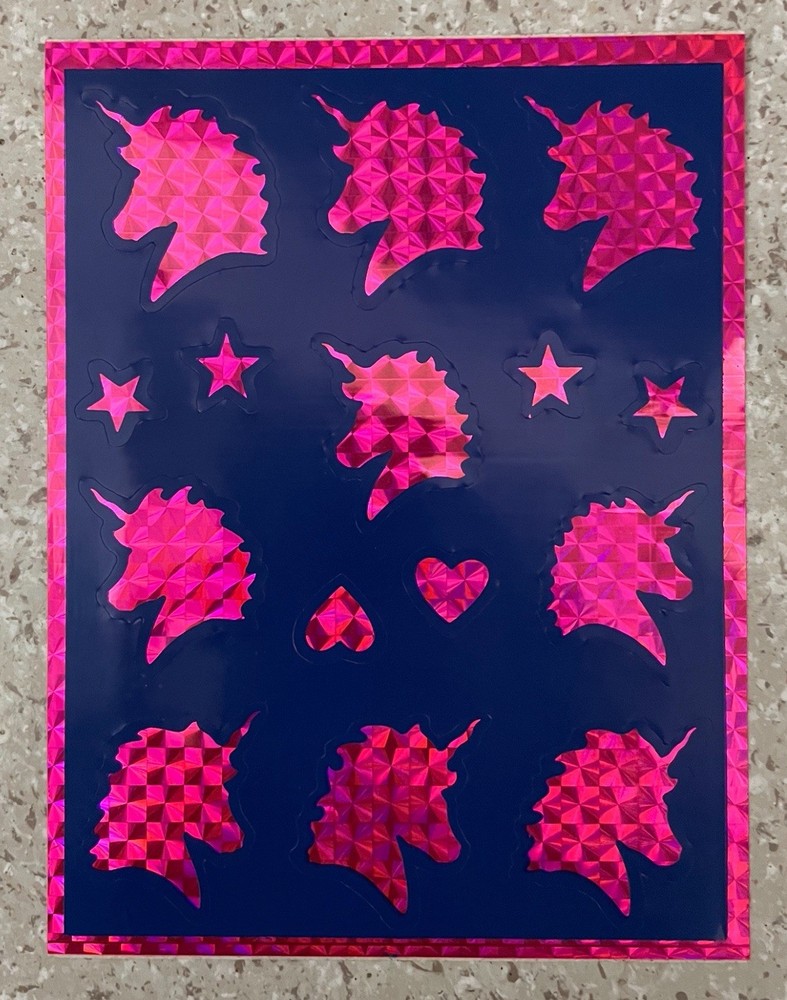 Vintage Hallmark Razzle Dazzle 1980’s Pink Unicorn Prismatic Stickers Sheet New