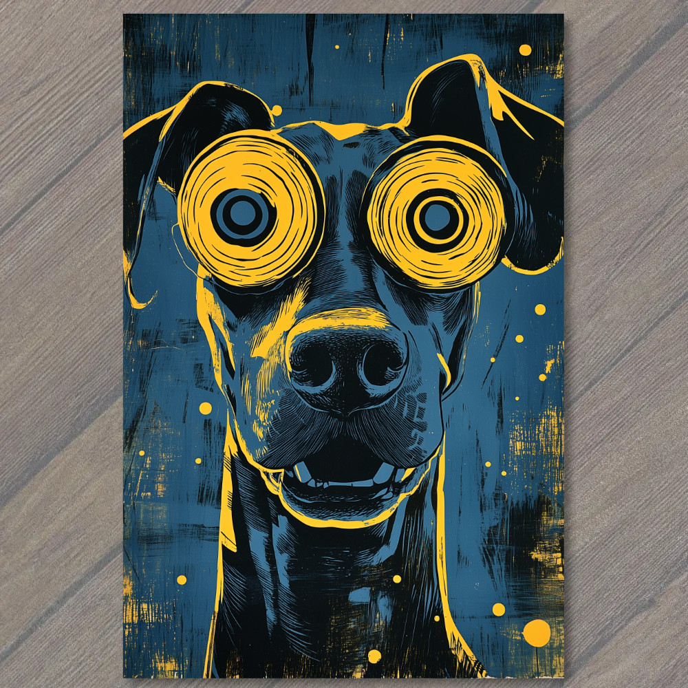 STICKER Dog Yellow Spiral Eyes Trippy Hypnotic Pop Art Blue Black Weird Pup