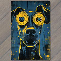 STICKER Dog Yellow Spiral Eyes Trippy Hypnotic Pop Art Blue Black Weird Pup