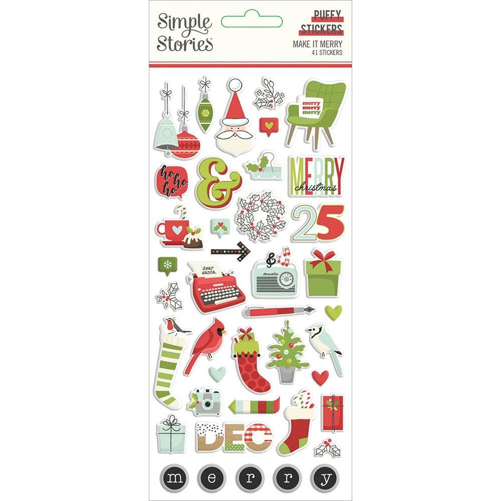 SS Puffy Stickers Make it Merry Christmas Vintage Typewriter Dec 25 Santa Gifts