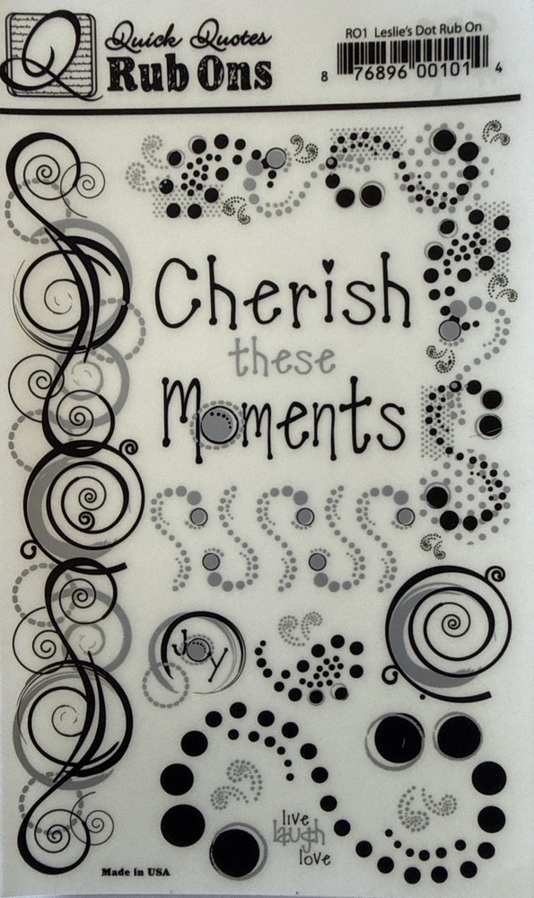 LESLIE’S DOT Rub-On Transfers (4.5”x7”)Moments•Cherish •Swirls•Laugh•Card Making