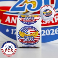 500 PCS Patriotic 250th Independence Stickers – Round American Flag Decals, Wate
