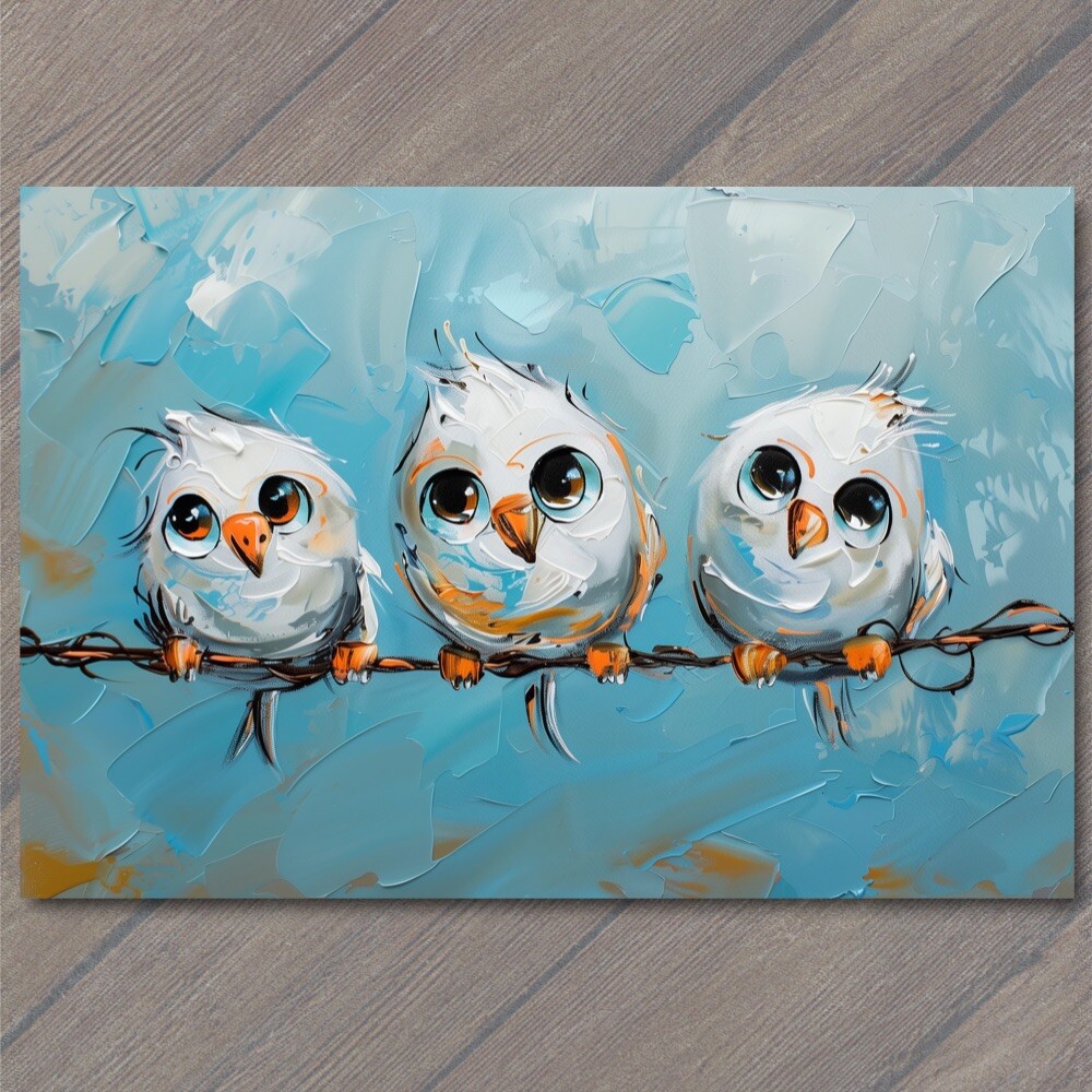 STICKER Birds On A Wire Cute Big Eyes Acrylic Painting Cartoon Style Colorful