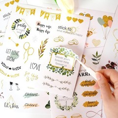 Romantic Gold-Green Waterproof Stickers Set – 8 Sheets for DIY Wedding Projects