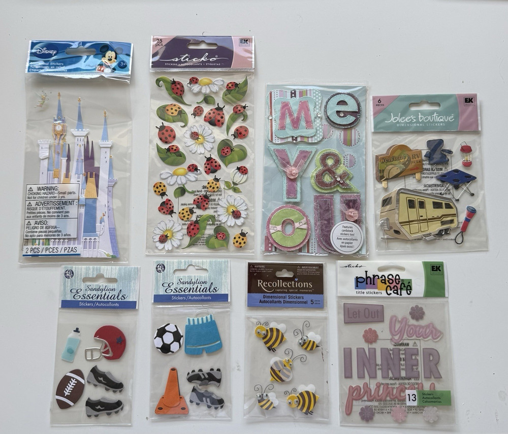 Mixed Brands Lot of 8 Dimensional Scrapbooking Stickers Disney Multicolor