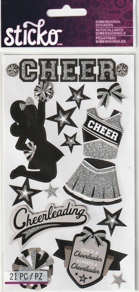 NEW! Sticko CHEERLEADING theme 3-D black & silver stickers 82976 Fast FREE ship!