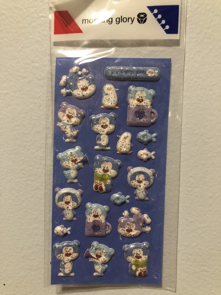 Morning Glory Blue Bear Glitter Puffy Sticker Sheet Kawaii Htf