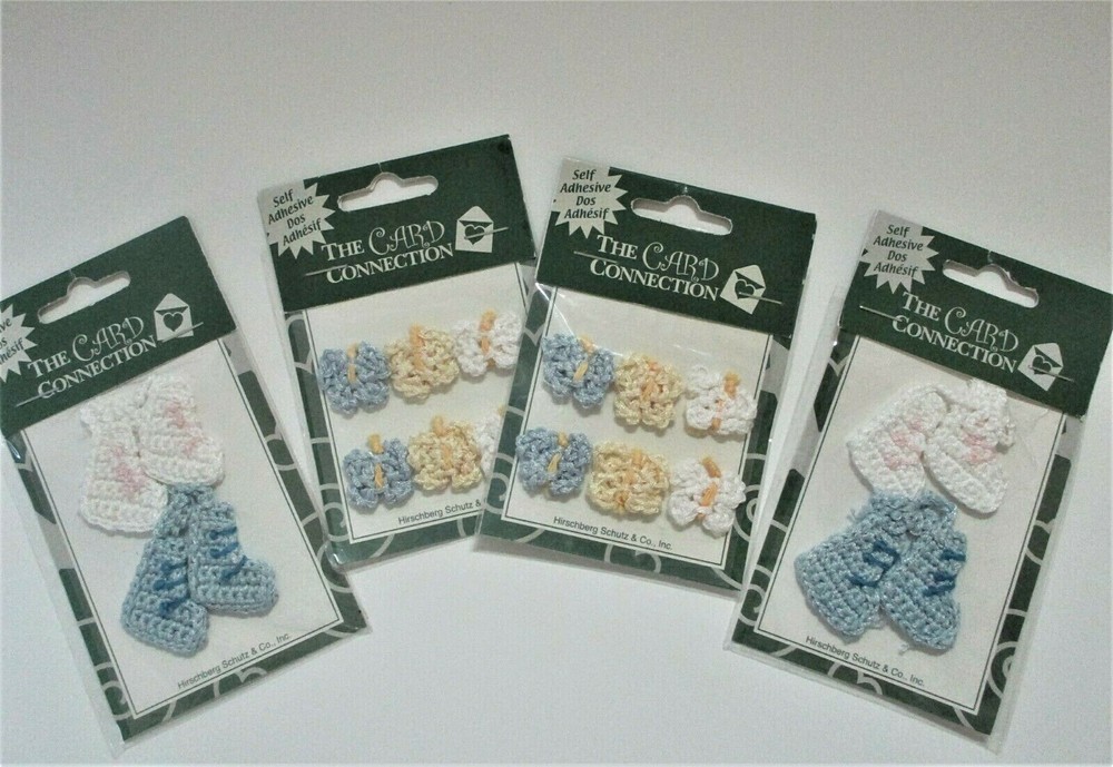 4 Pks Stickers Real Crochet Baby Booties Butterflies Blue White Yellow Boy Girl