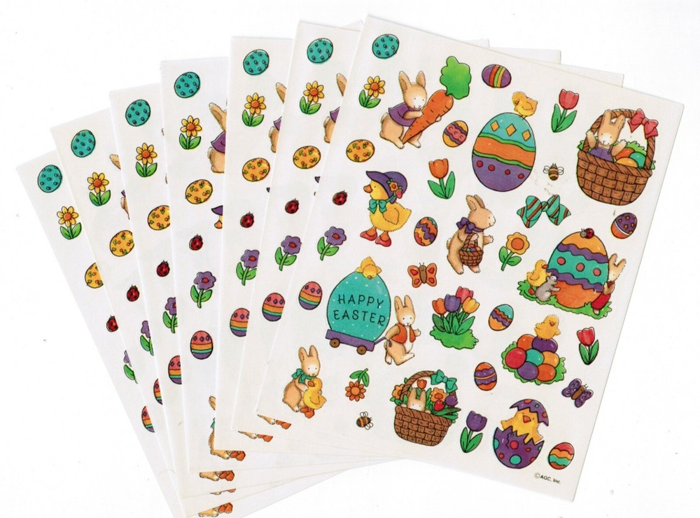 VTG 7 Sheets Happy EASTER Bunny Carrot Eggs SPRING Stickers! Basket Ducks 90s