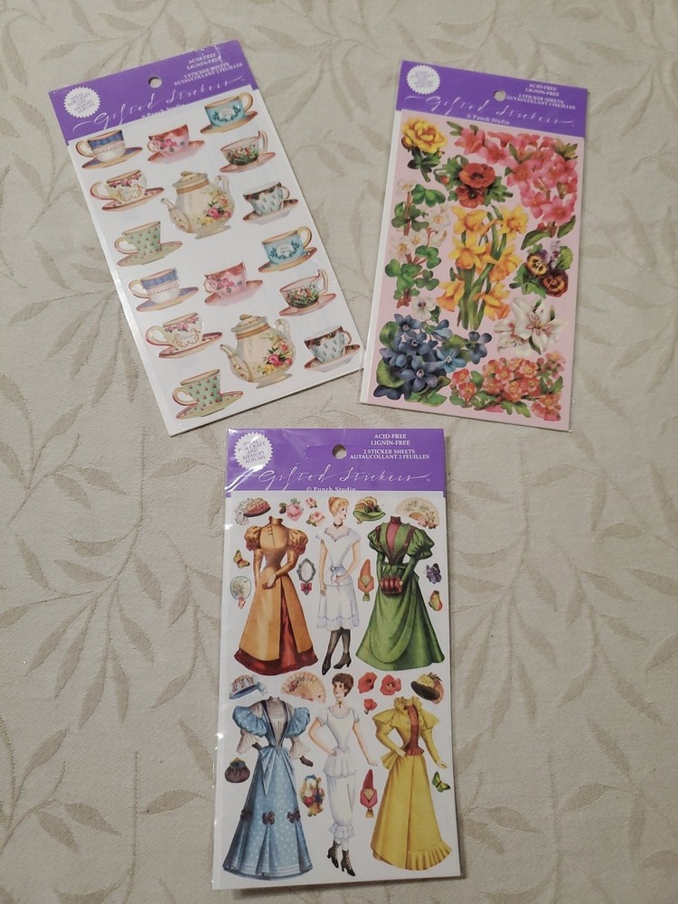 3 Vtg Gifted Line The Kirshner Sticker Sheet Victorian Dress Flower Tea Cups 92