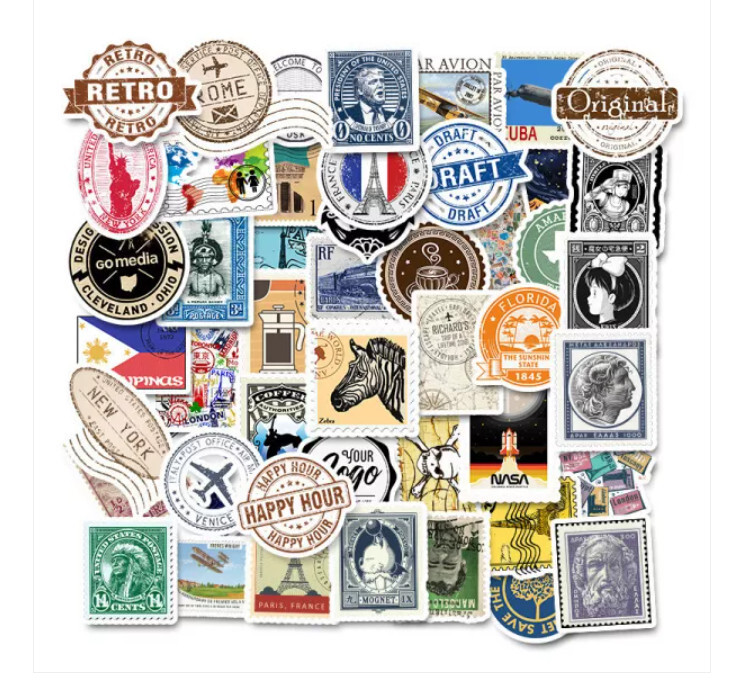 Stickers Travel World Postage Stamp Vacation World Vinyl Airplane Pack Lot 50 pc
