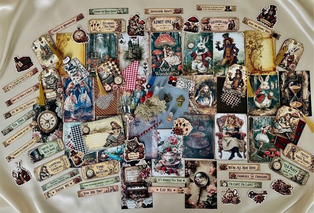Alice in Wonderland Junk Journal Kit Ephemera Bundle 106 Pc Tags Papers Crafts
