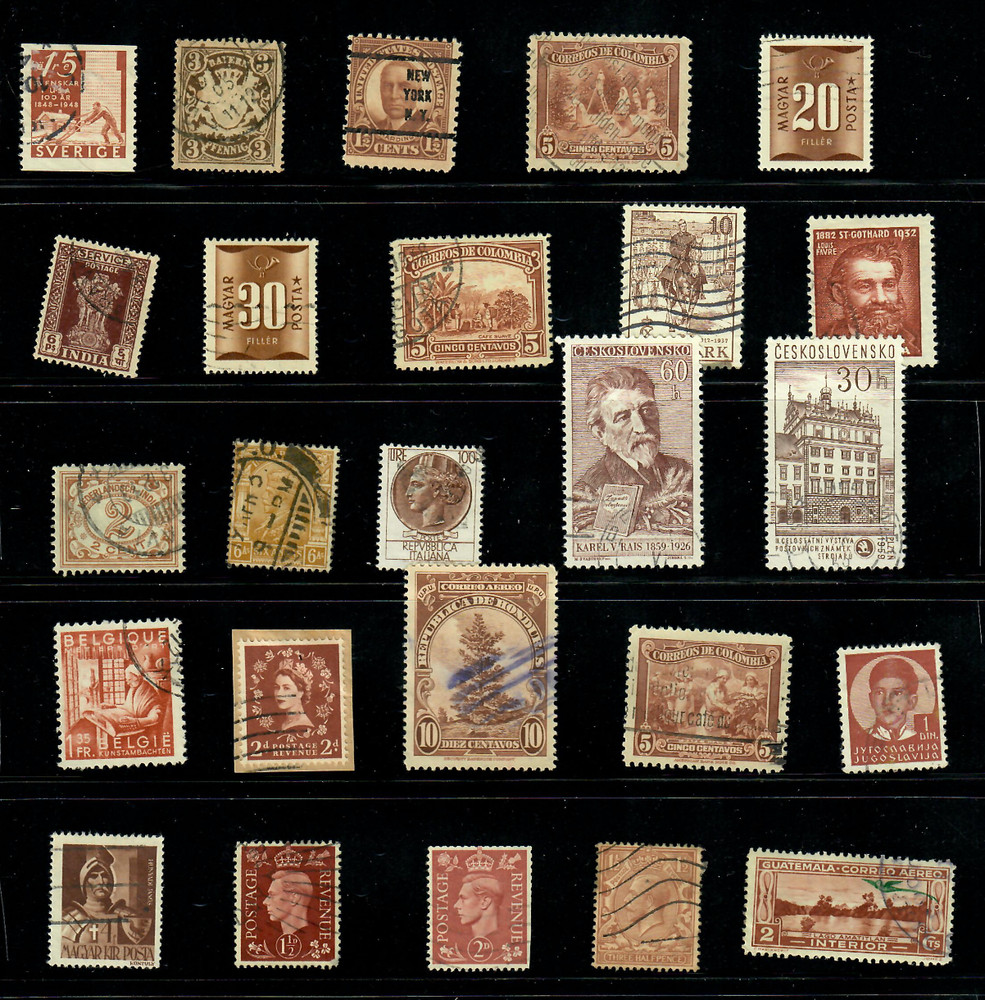 25 Brown Sepia Rust Worldwide Used Stamps Color Lot — Crafts Art (WM263)