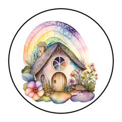 30 RAINBOW FAIRY HOUSE STICKERS ENVELOPE SEALS LABELS 1.5″ ROUND FAIRIES