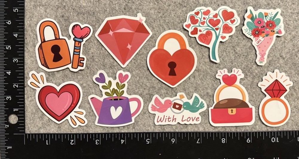 Lot of 10 Assorted Love Ring Gem Lock Key To My Heart Wedding Valentine Stickers