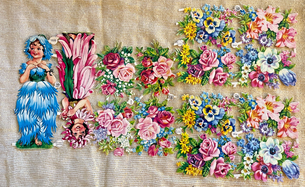 VTG VICTORIAN SCRAP FLOWER GIRLS PINK ROSES MIXED FLORALS DIECUTS GERMANY