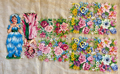 VTG VICTORIAN SCRAP FLOWER GIRLS PINK ROSES MIXED FLORALS DIECUTS GERMANY