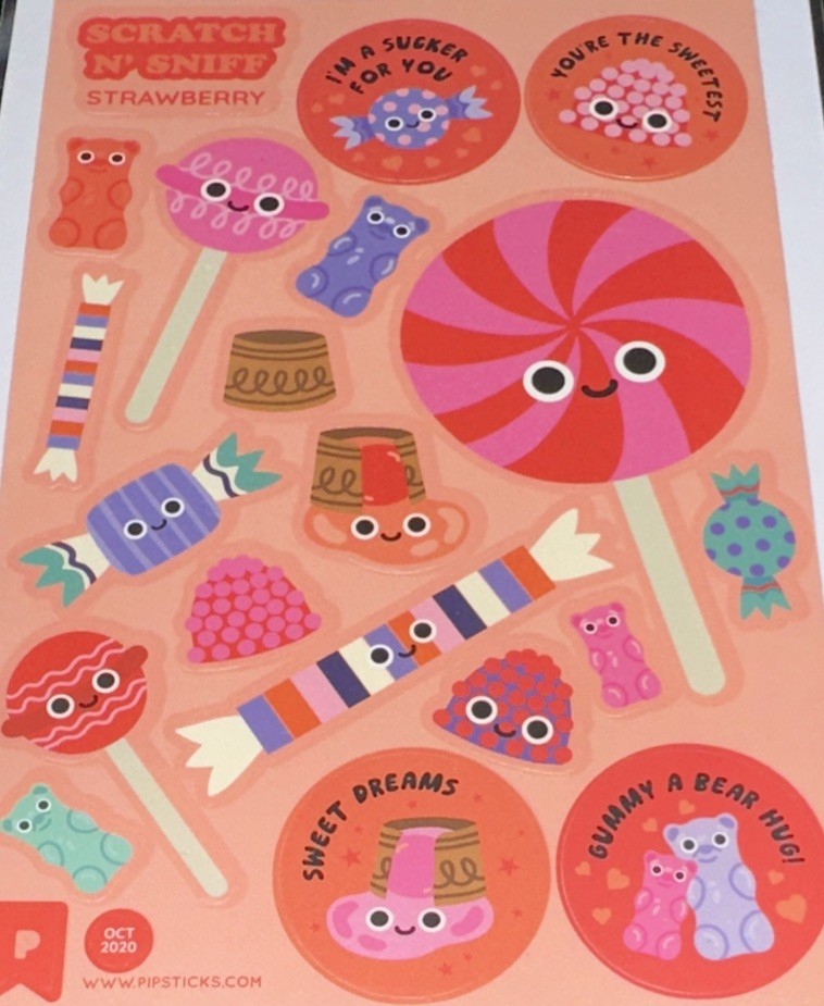 SCRATCH N’ SNIFF CANDY STICKERS✨🍬🍭🍫✨5 3/4” X 3 3/4”✨STRAWBERRY✨GUMMYS😋💫