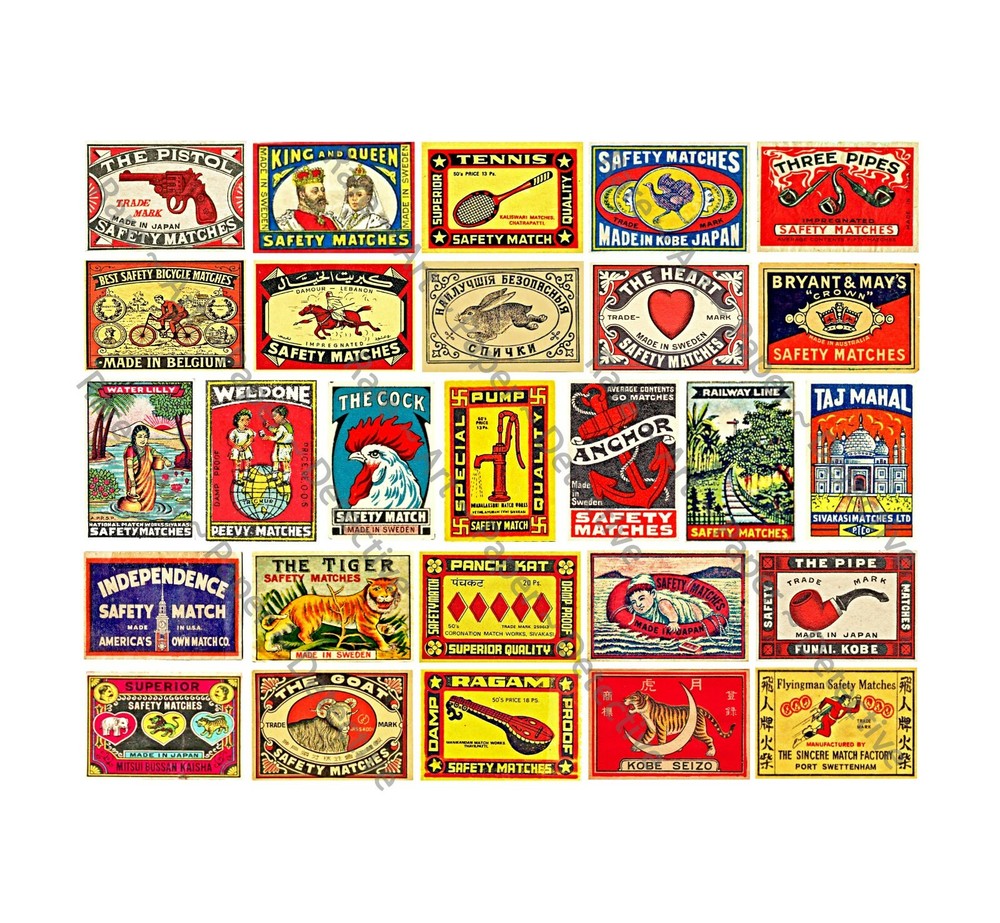 Match Box Covers, Safety Matchbox Label Reproduction Art Tags, 1 Sticker Sheet
