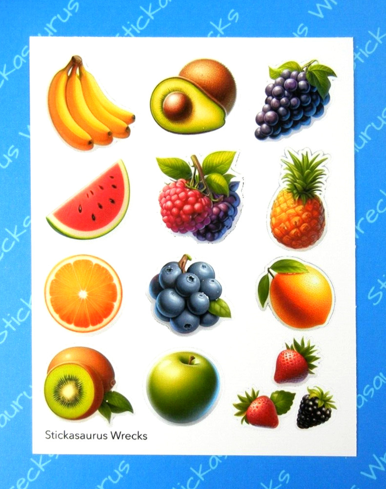 Fresh Fruit Sticker Sheet Grapes Berries Orange Bananas Apple Kiwi Pineapple