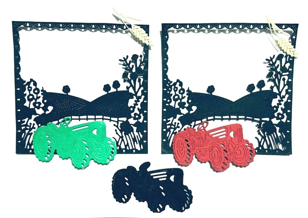 7- RED, GREEN, & BLACK TRACTORS ON FARM «COUNTRY LIFE» SILHOUETTE DIE CUT/CUTS