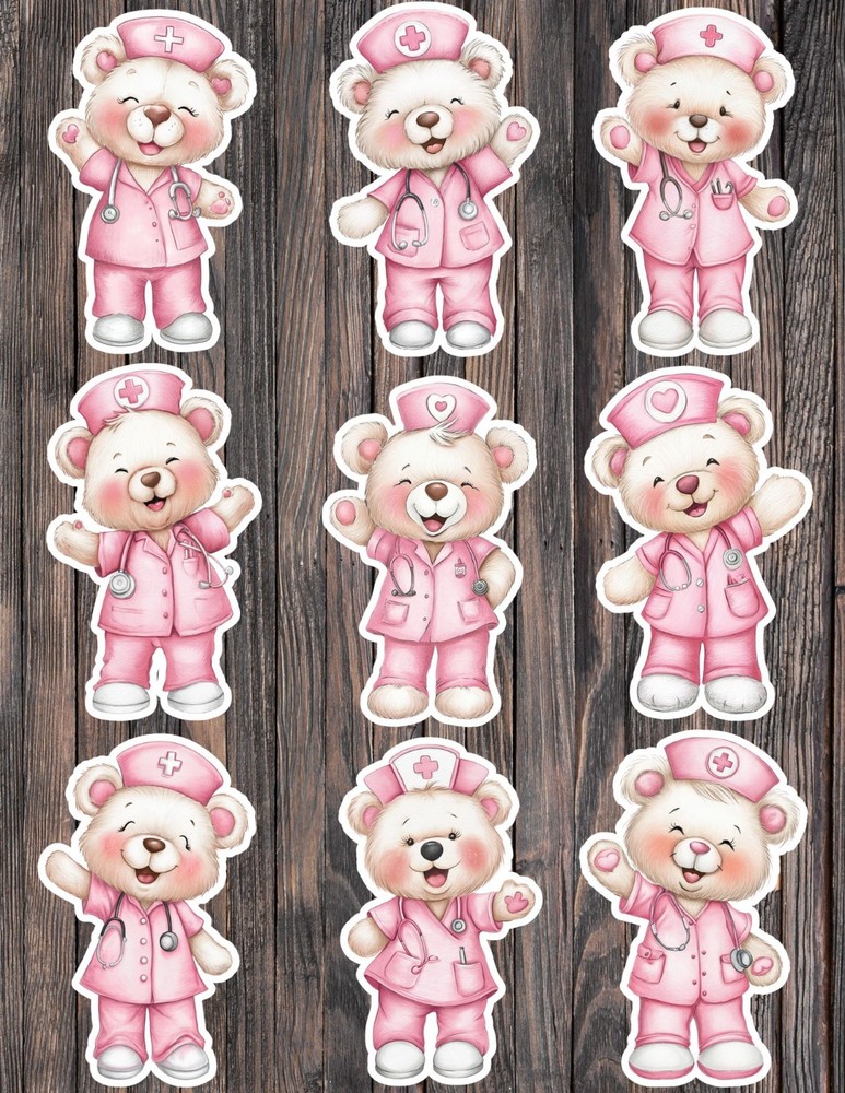 Pink Nurse Bear Die Cut Vinyl Stickers Set Scrapbooking Laptop Water Bottle