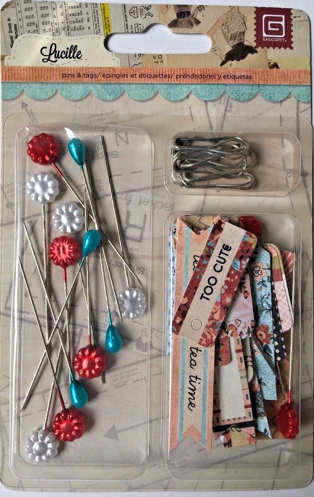 Basic Grey Lucille collection – Pins and Tags with Sewing Theme – NEW
