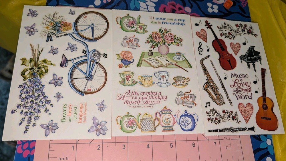 PSX Designs Stickers Lot Of 3 Sheets Tea Party Music Bike Flowers