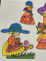 Vintage 1970s 1980s Puffy Stickers Prairie Girls in Bonnets Hats Flowers Boho