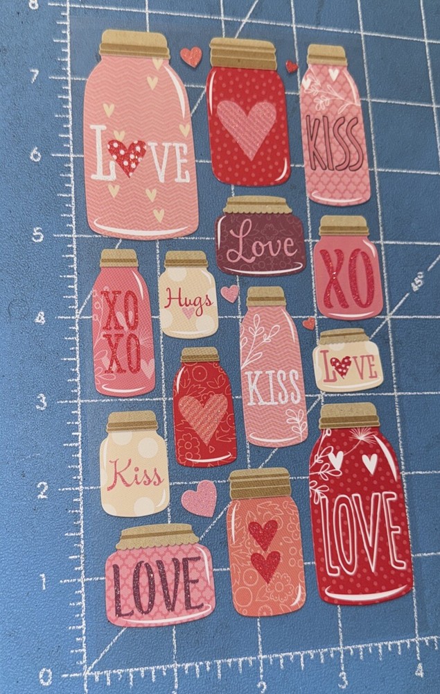 Sticko Crafts Mason Jar Love Jars Kiss XOXO Hearts Valentines Wedding Stickers