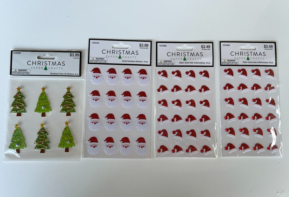 New Christmas Paper Crafts Stickers 4 Packages Santa Hat Tree Red Green