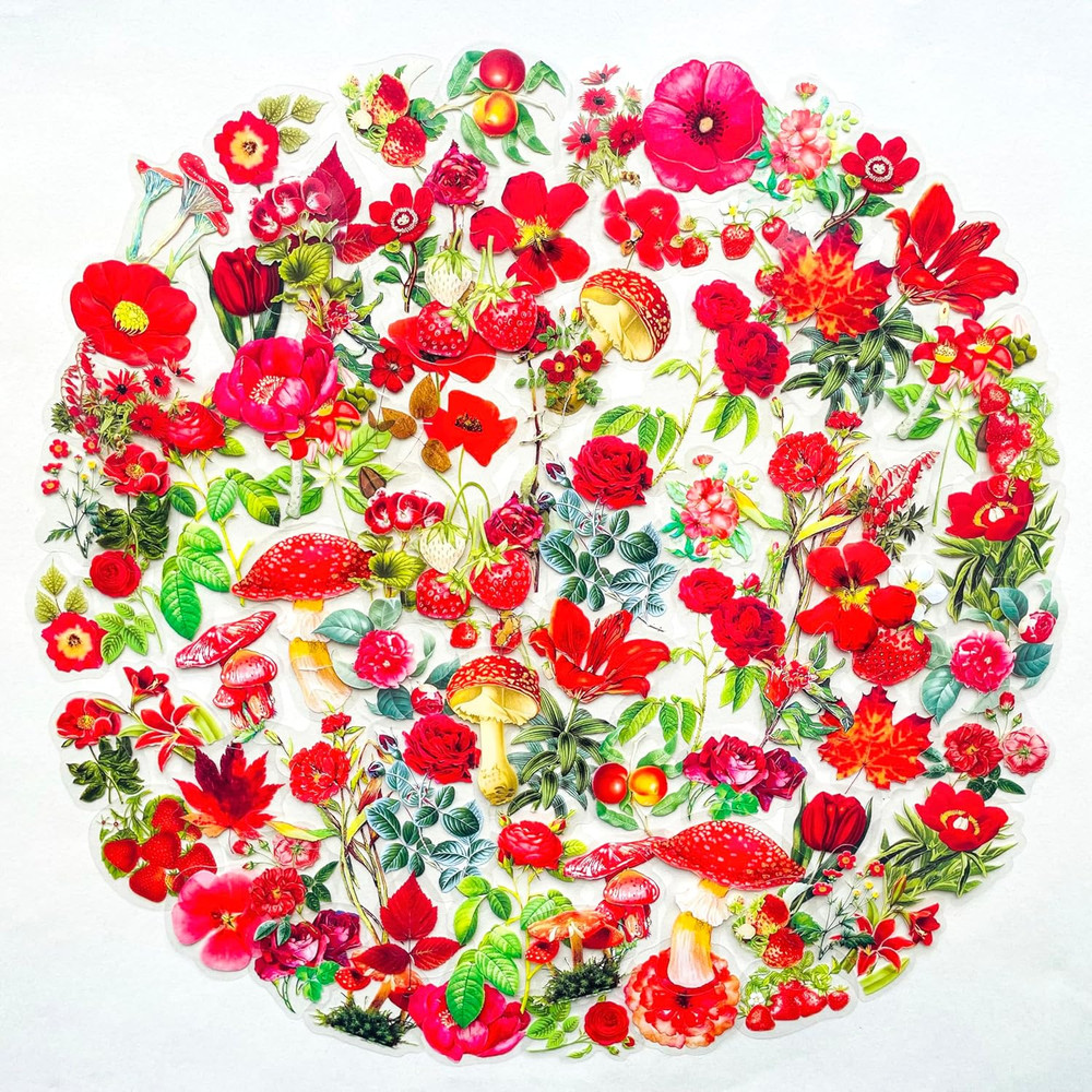 100 PCS Red Botanical Flower Stickers – Vintage Clear Scrapbooking Stickers for