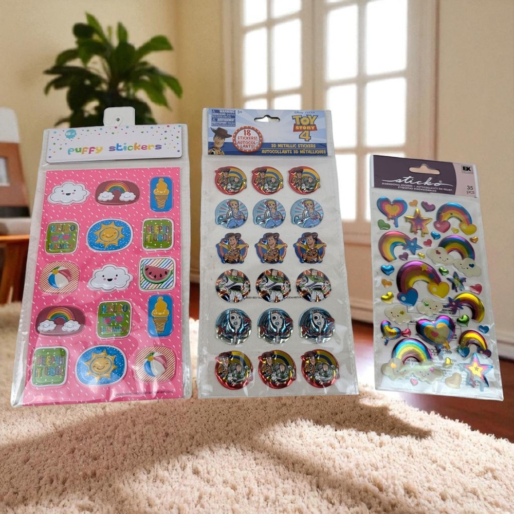 Puffy Sticker Lot 68 Stickers 3 Sheets Summer Toy Story Rainbow Heart Set New