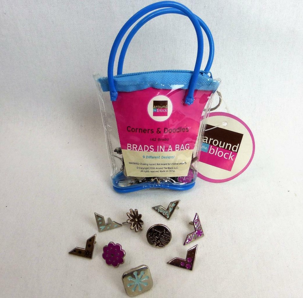 Corners & Doodles Brads in Bag 42 Pieces 9 Designs Hearts Snowflakes Flowers New