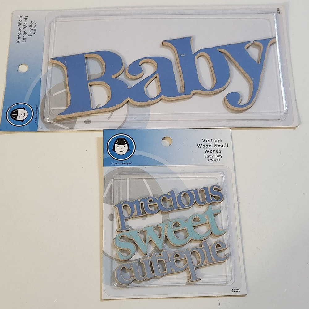 NEW Lot 2 Pkg Lil Davis Vintage Wood Words BABY Boy Blue Sweet Precious Cutie -G