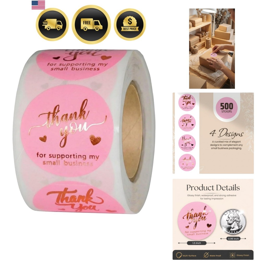 500 Pcs 1.5 Inch Pink and Rose Gold Thank You Stickers for Small Business, Sm…