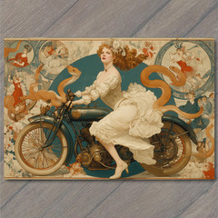 STICKER Woman Motorcycle White Dress Surreal Circus Snake Whimsy Poster Retro