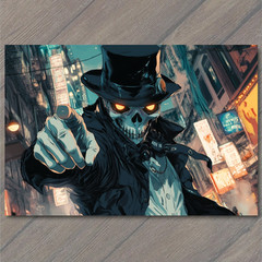 STICKER Skeleton Top Hat Glowing Eyes City Streets Neon Lights Pointing Skull