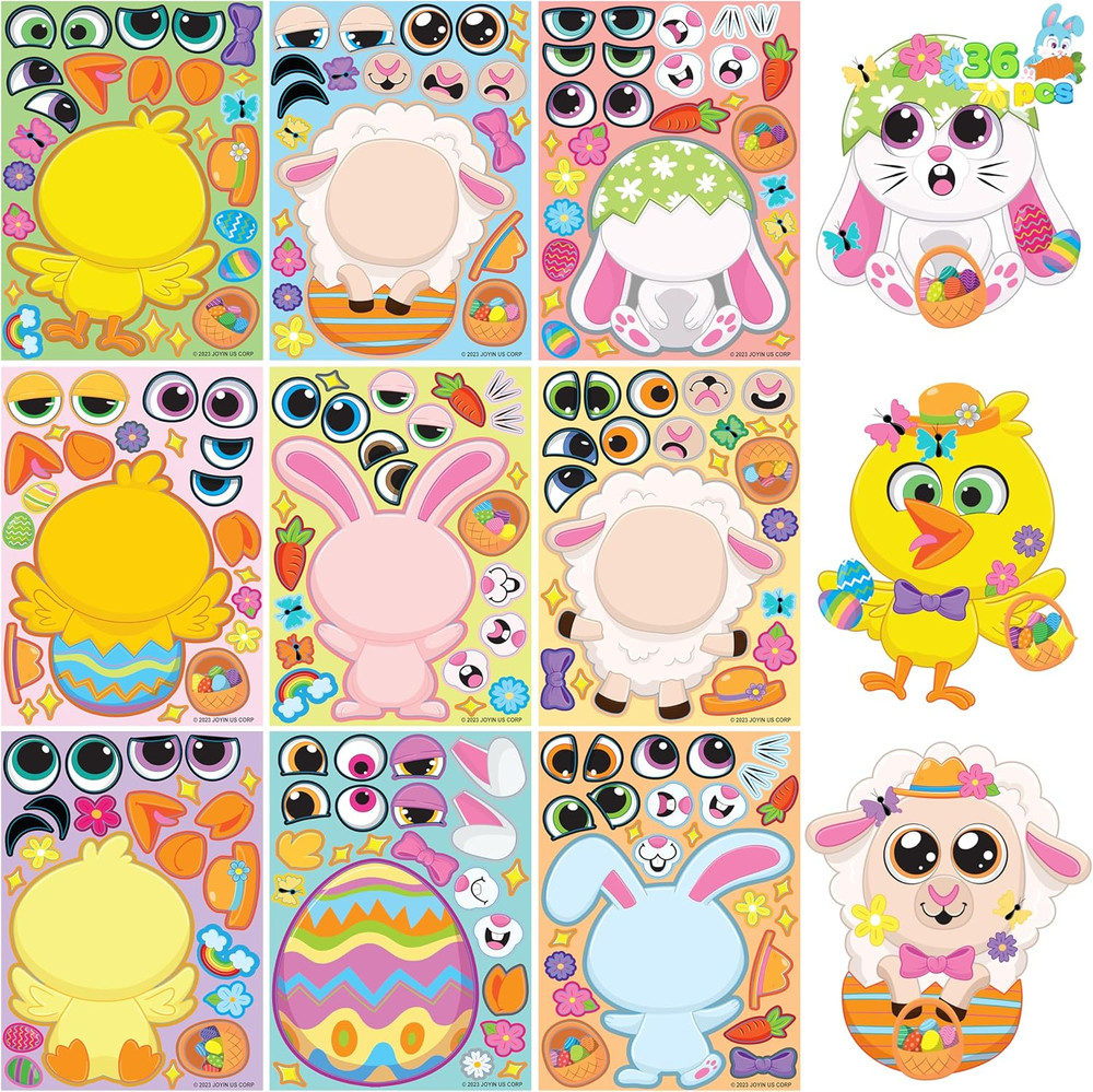 36 Sheet Easter Stickers with Chick Bunny Sheep Egg Pattern for Kids Decorations