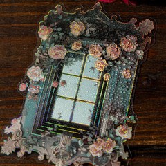 Vintage Rose Clock Window PET Foil Stickers Junk Journal Card Decorative Collage