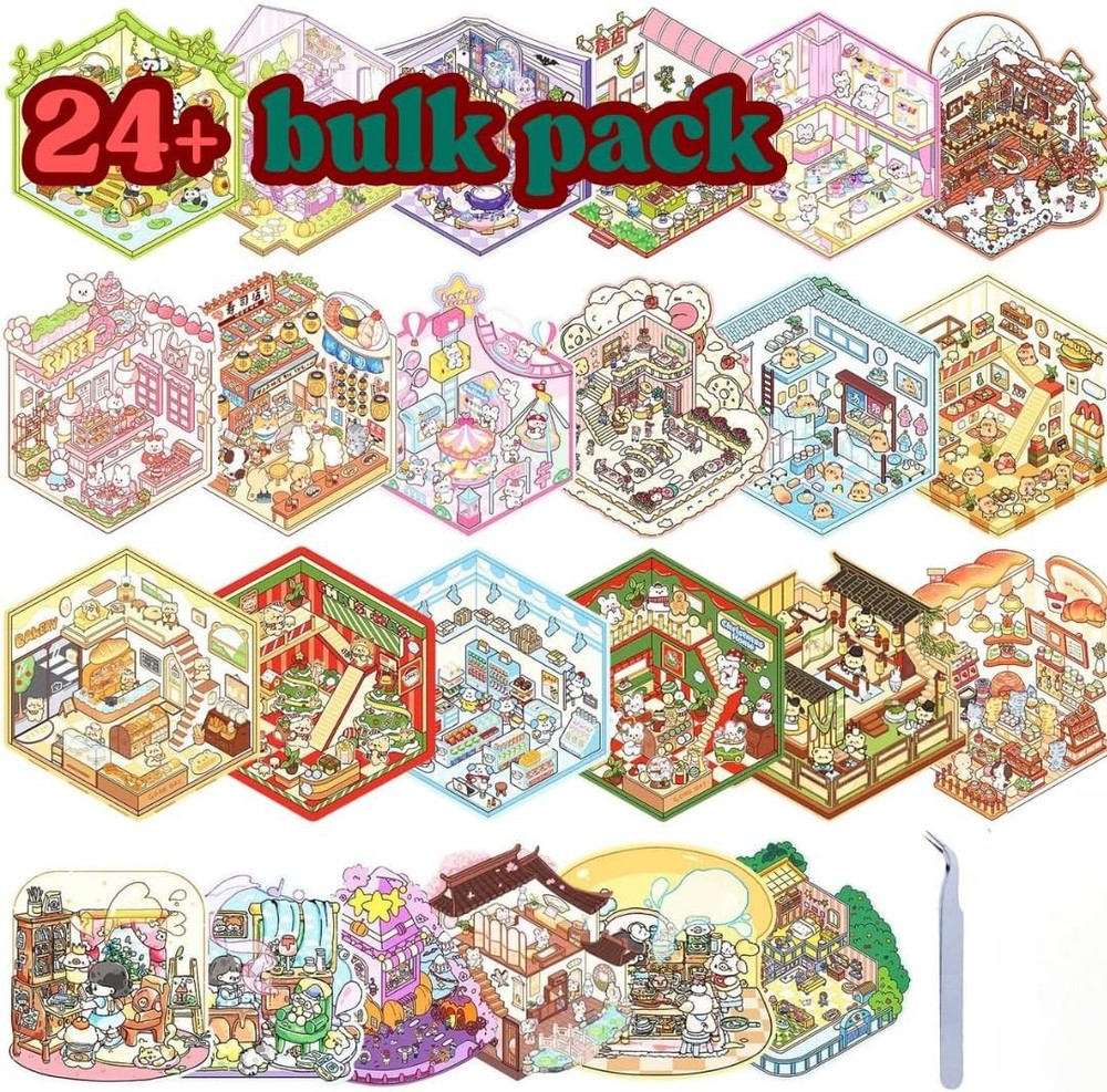 24 Scenes – DIY 3D Sticker Scene Kit, 3 Scene Sizes (S,M,L) With Tweezers
