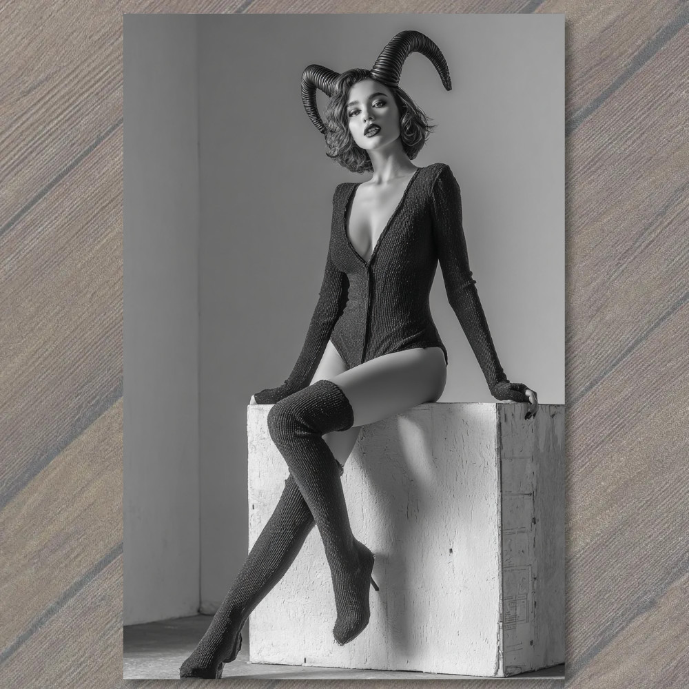 STICKER Woman Wearing Horns Dark Costume Surreal Dramatic Monochrome Portrait