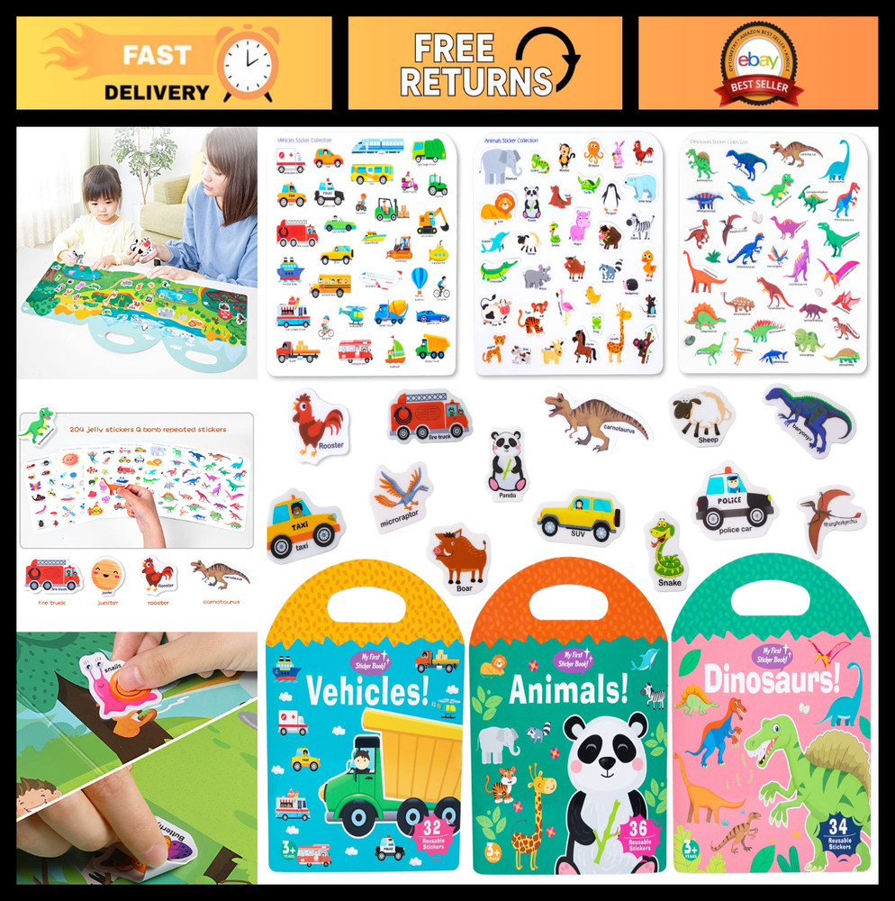 3 Pack Reusable Jelly Sticker Books for Toddlers 1-4, Travel Activity Toys, Anim