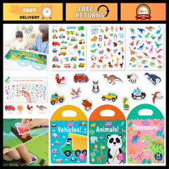 3 Pack Reusable Jelly Sticker Books for Toddlers 1-4, Travel Activity Toys, Anim
