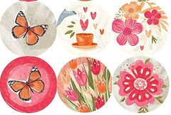 12 BIG 1 1/2″ COLORFUL ROUND FLORAL STICKERS SEALS USA MADE #60 Butterfly Teacup