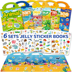 6 Sets Reusable Sticker Book for Toddlers 3-6, Jelly Stickers Book for Kids, Tra