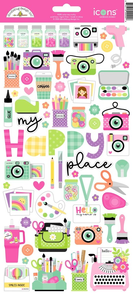 Doodlebug Icon Stickers Color Me Crafty Tools Cameras Embellishments Happy Place